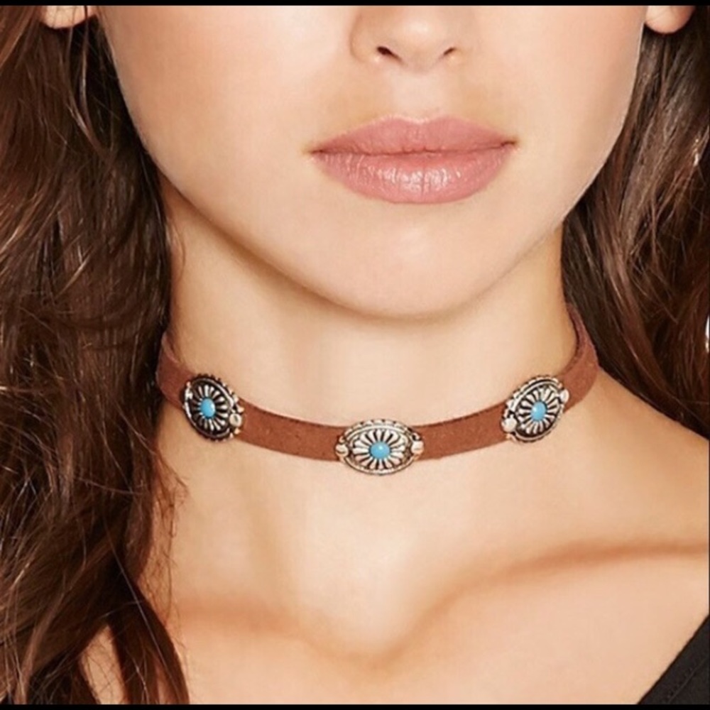 Leather Simple Metal Flower Turquoise Choker
